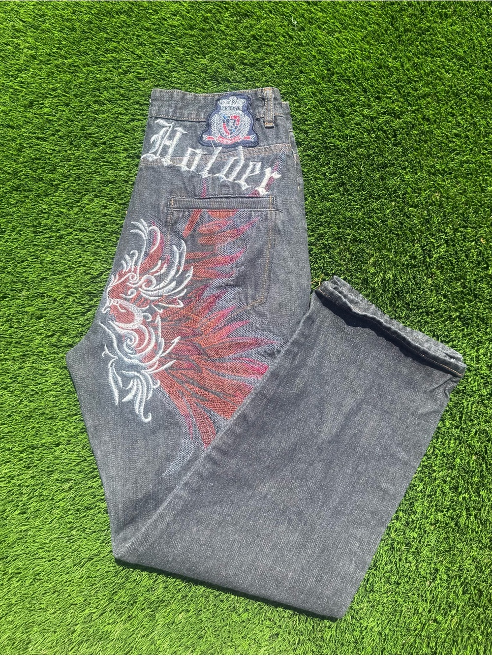 Y2K Crown Holder Dark Gray Men's Jeans with Red & White Wing Embroidery